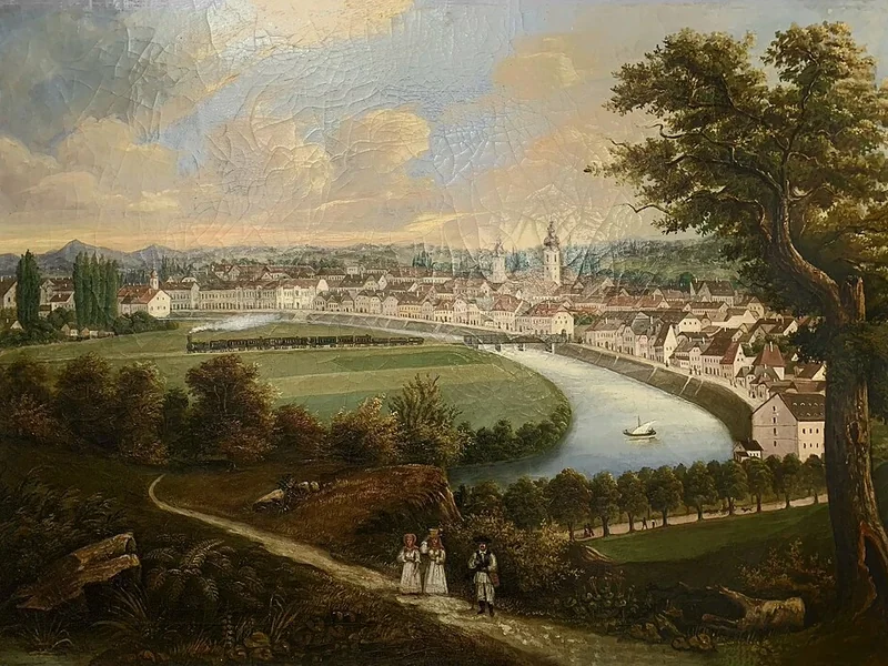 1832-Jakov Šašel - Panorama di Karlovac con il treno